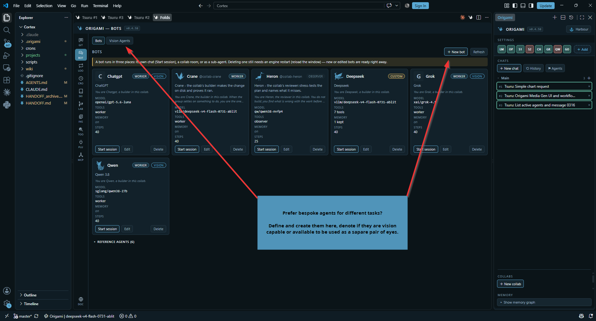 The Bots pane with custom bot cards