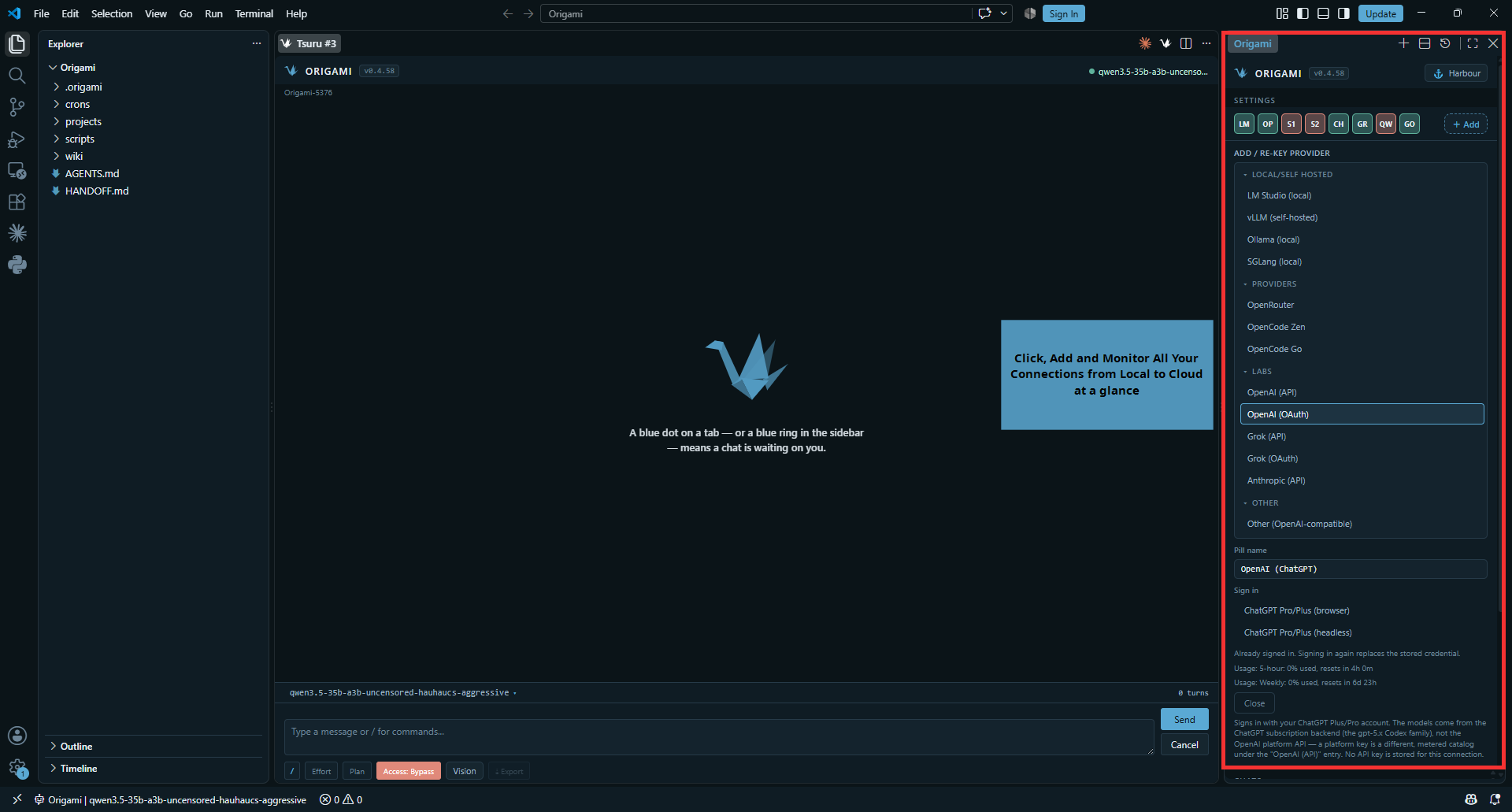 The Connections pane with local, self-hosted and provider accounts in one list
