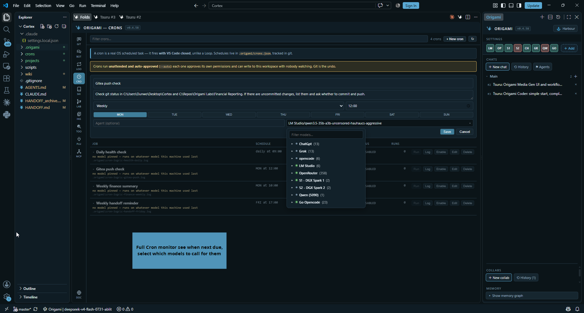 The Crons pane with scheduled jobs and the per-cron model picker