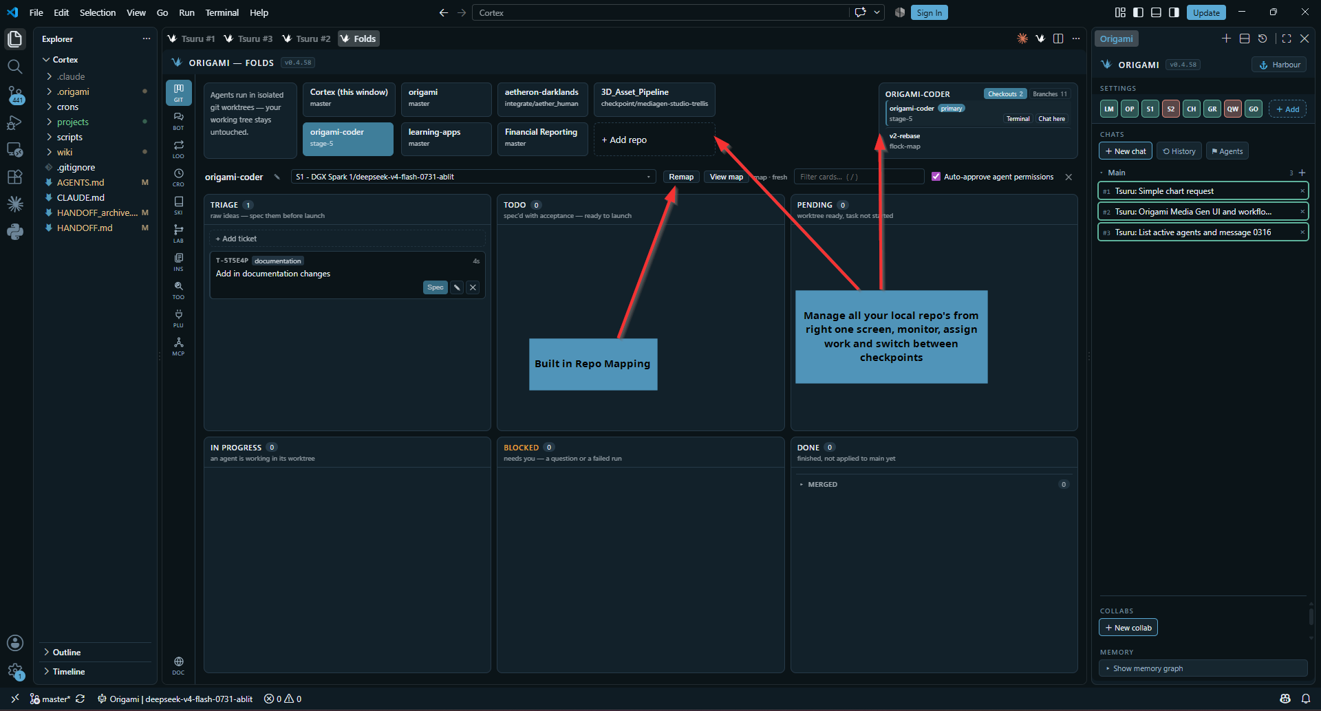 The Folds board with repo cards and ticket columns
