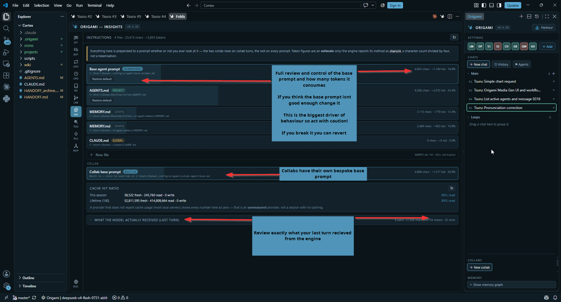 The Insights pane showing instruction files and cache hit ratio