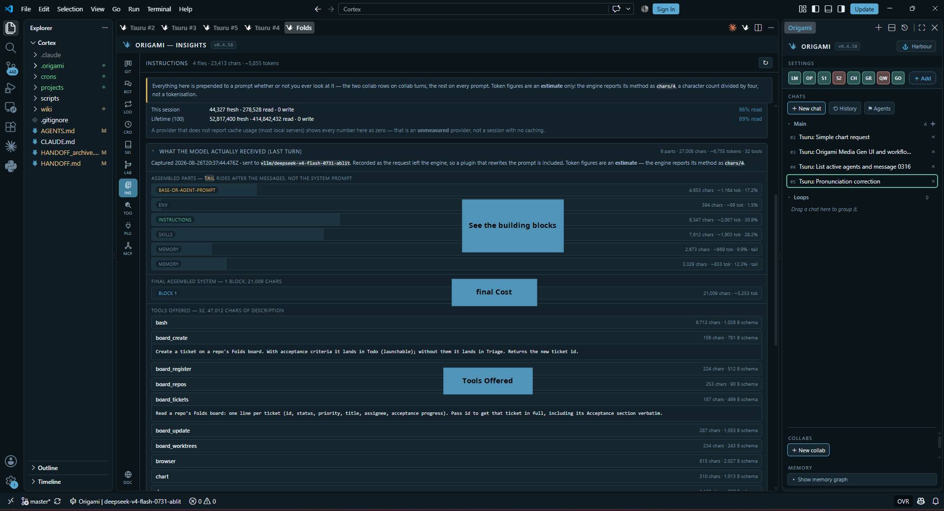 The Insights pane showing the assembled parts and tool schemas