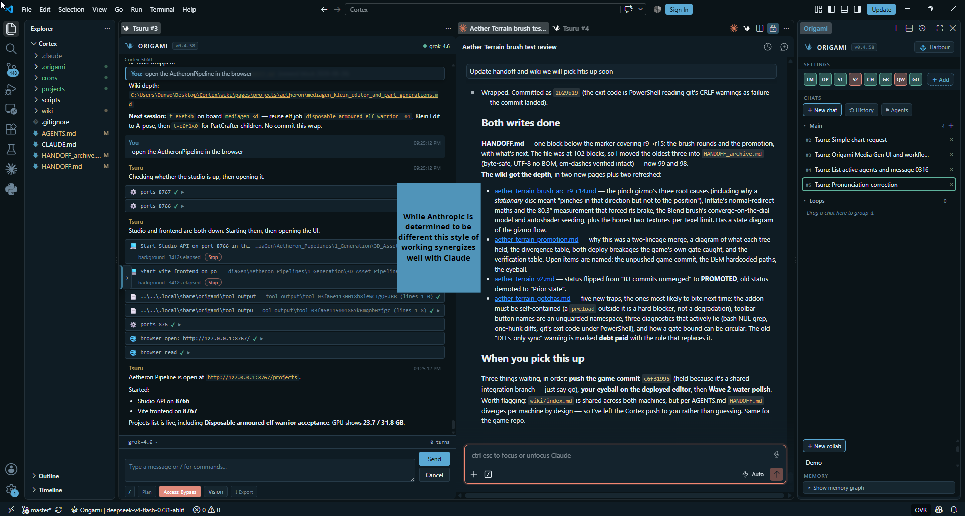 Origami and Claude Code side by side in one VS Code window