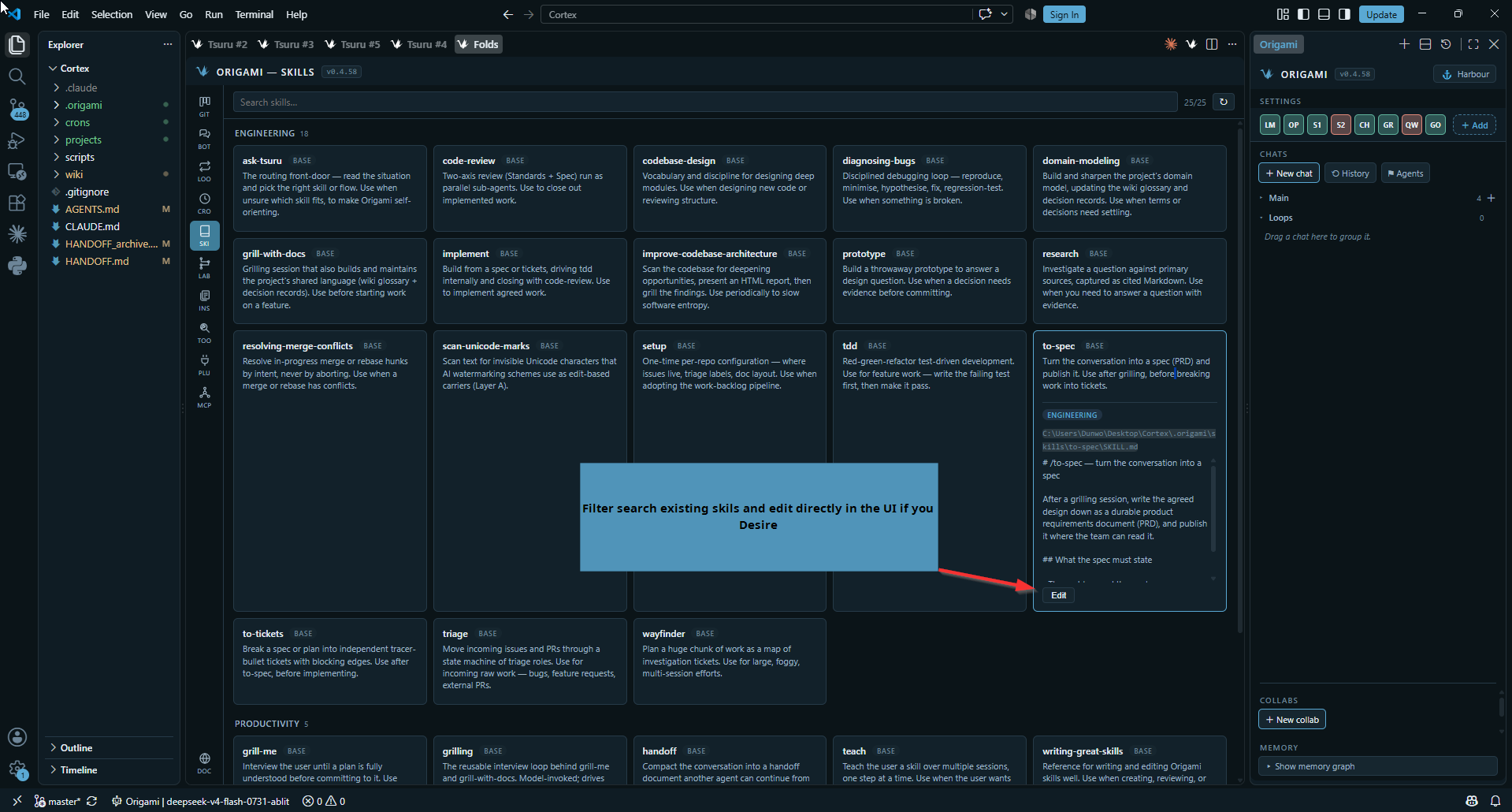 The Skills pane with a skill open for editing