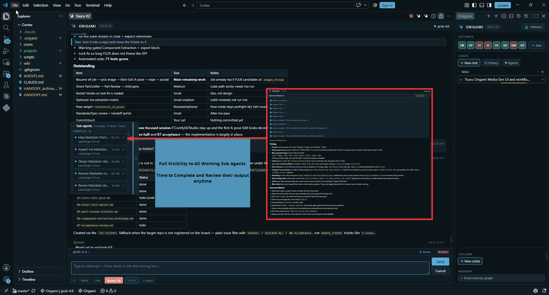 Sub-agent list and an opened sub-agent report