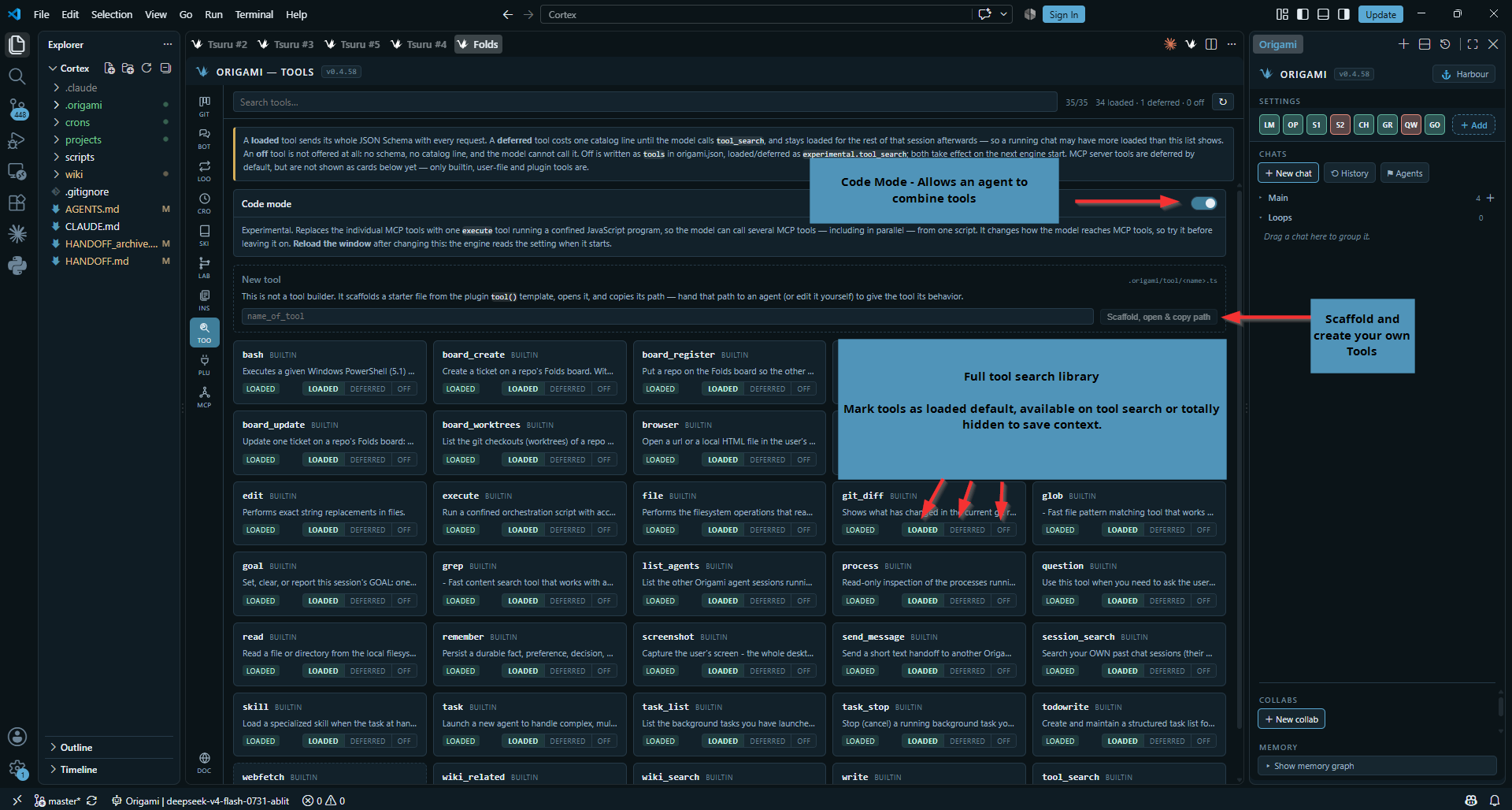 The Tools pane with per-tool loaded, deferred and off states