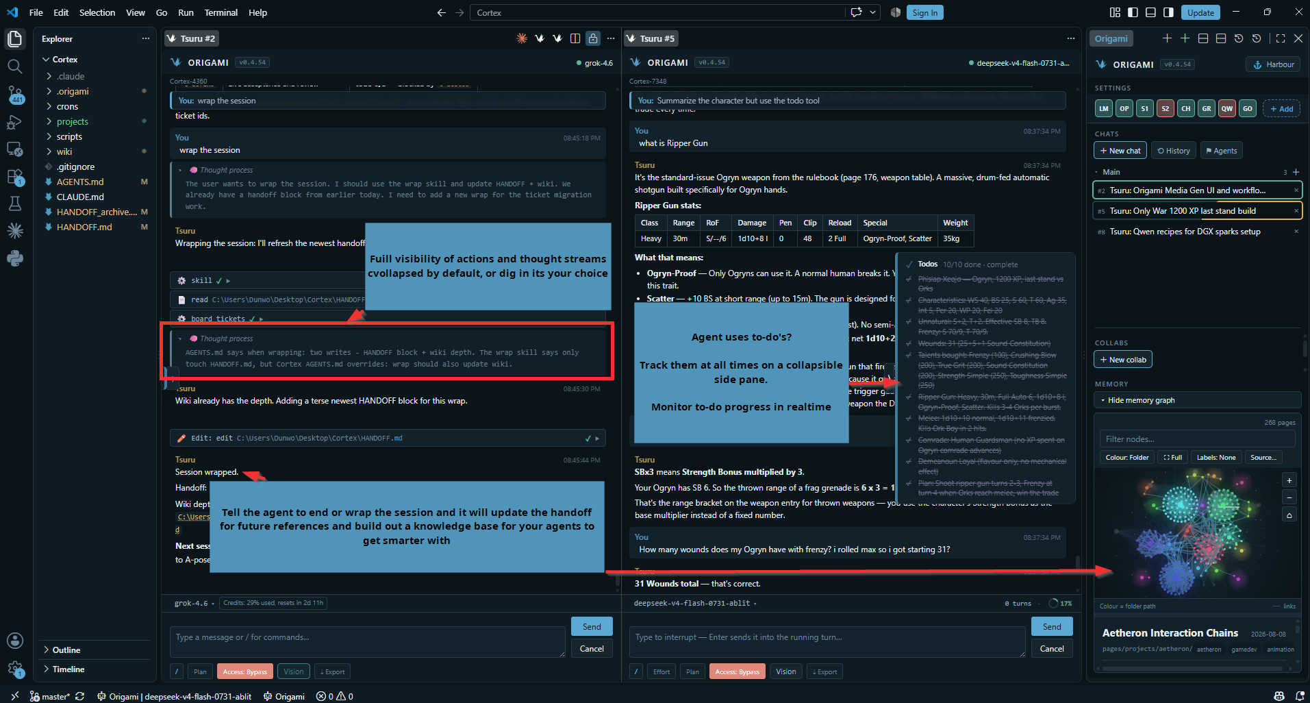 Thought stream, todo pane and session wrap