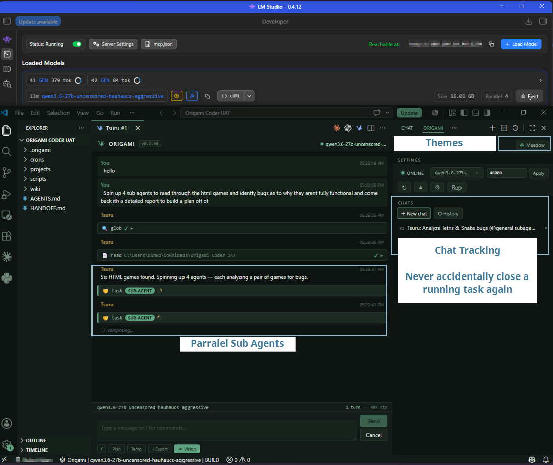 Origami Coder chat in VS Code showing two parallel sub-agent task calls running side by side