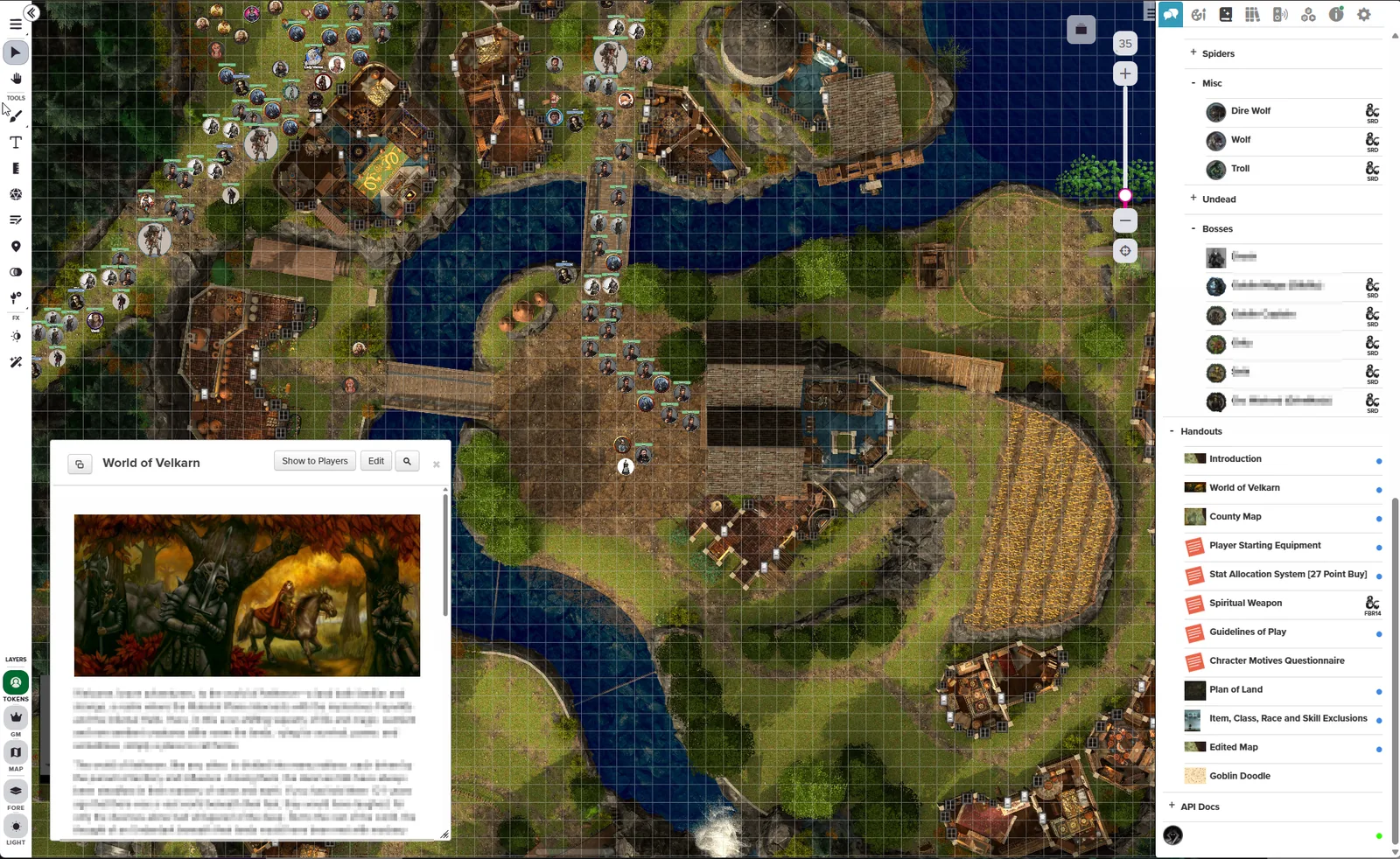 A live Velkarn campaign session in a virtual tabletop